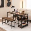 Modern Industrial 3-Piece Metal Wood Dining Set with 2 Benches and Wine Rack