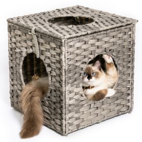 Rattan Cat Litter; Cat Bed with Rattan Ball and Cushion; Grey