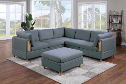 Contemporary Living Room Furniture 6pc Modular Sectional Sofa Set Steel Dorris Fabric Couch 3x Wedges 2x Armless Chair And 1x Ottomans