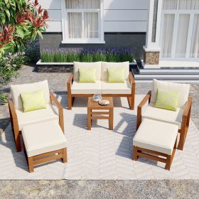 Outdoor Patio Wood 6-Piece Conversation Set, Sectional Garden Seating Groups Chat Set with Ottomans and Cushions for Backyard, Poolside, Balcony (Color: Beige)