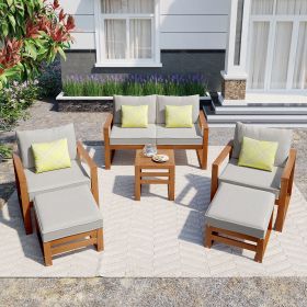 Outdoor Patio Wood 6-Piece Conversation Set, Sectional Garden Seating Groups Chat Set with Ottomans and Cushions for Backyard, Poolside, Balcony (Color: Grey)