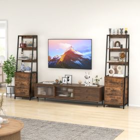 Multifunctional Tall Bookcase with Open Shelves and Storage Drawers (Color: Rustic Brown)