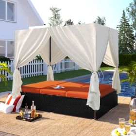 Outdoor Patio Wicker Sunbed Daybed with Cushions;  Adjustable Seats (Color: Orange)