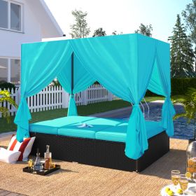 Outdoor Patio Wicker Sunbed Daybed with Cushions;  Adjustable Seats (Color: Blue)
