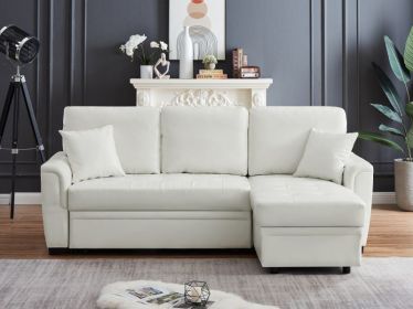 PU Leather Storage Sofa Bed Tufeted Cushion for Living Room (Color: White)