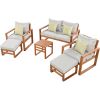 Outdoor Patio Wood 6-Piece Conversation Set, Sectional Garden Seating Groups Chat Set with Ottomans and Cushions for Backyard, Poolside, Balcony